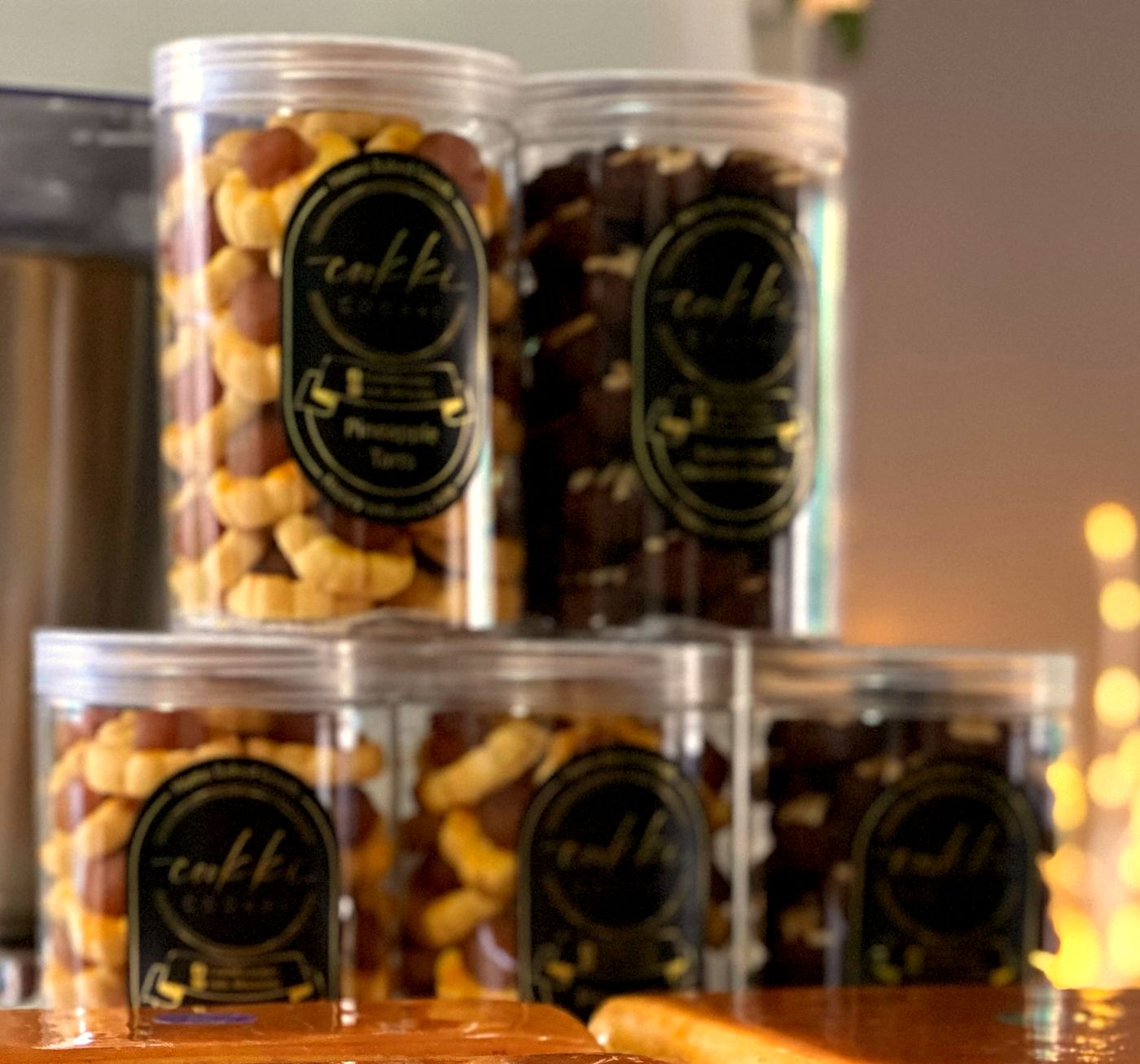 Pineapple Tarts and Double Dark Chocolate in her jars